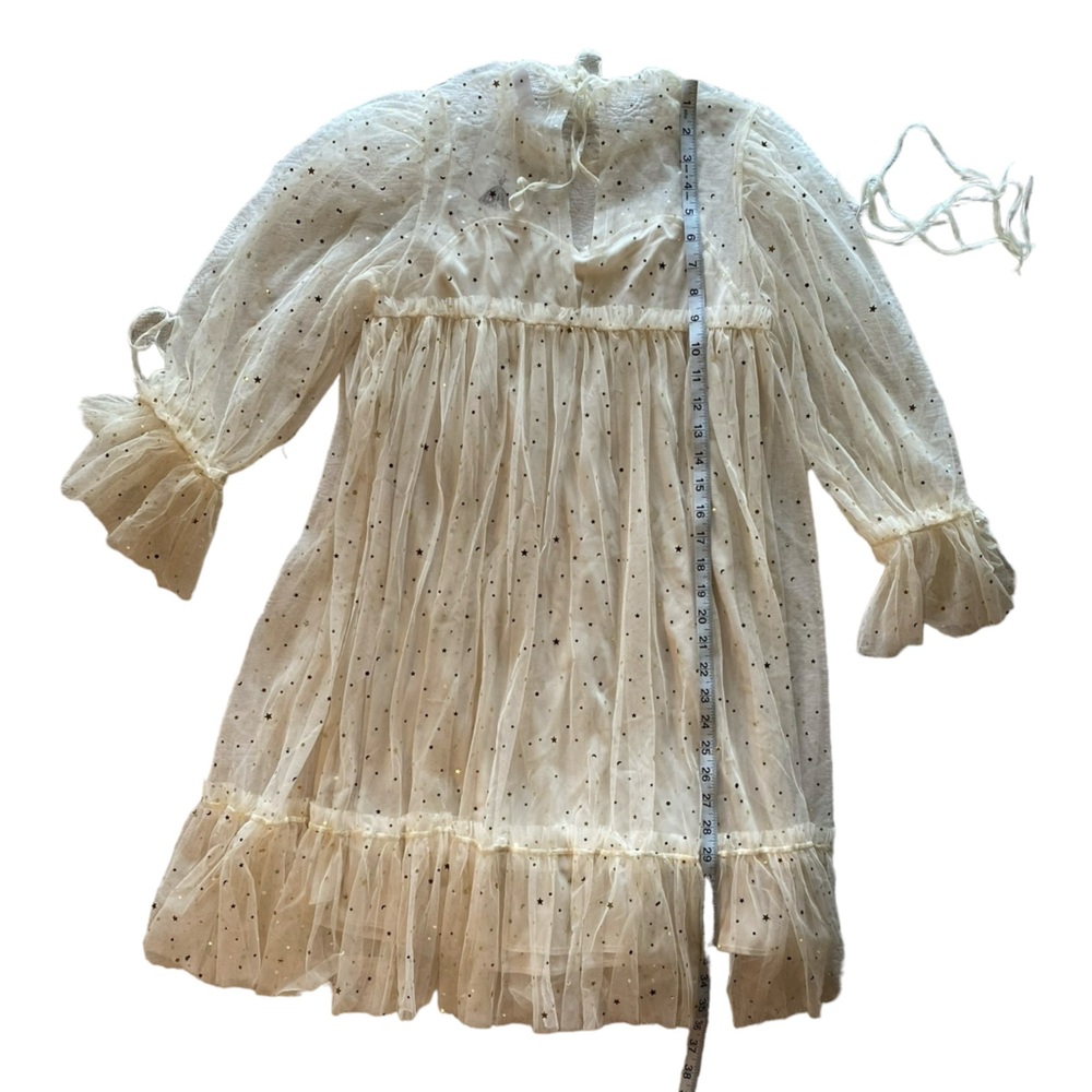 Stunning Whimsical Cream Gold Star Sheer Lined Long Sleeves Dress New Condition! - Picture 8 of 14